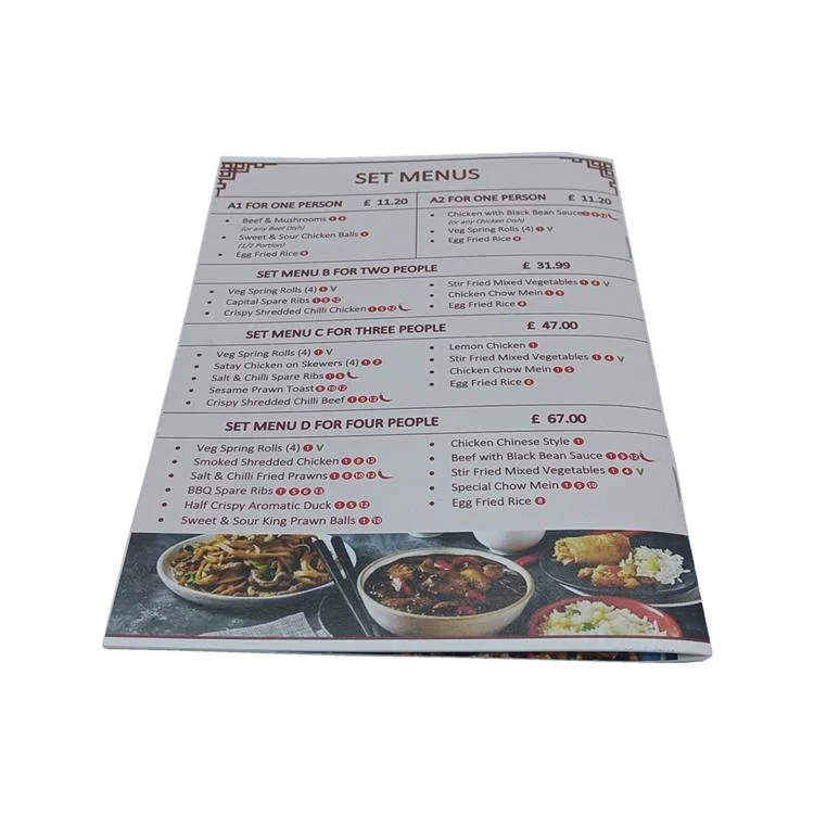 High Quality Cheap A5 Full Color Custom Food Menu Brochure for Booklet Folded Printing