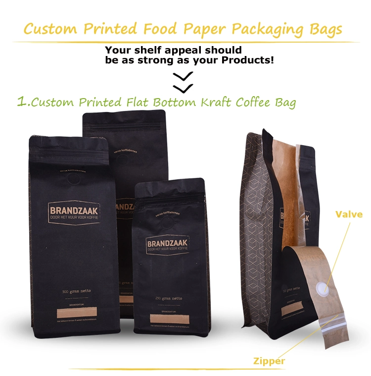 Biodegradable Custom Printed Square Bottom Front Zipper Black Kraft Paper Food Coffee Bean Packaging Bag